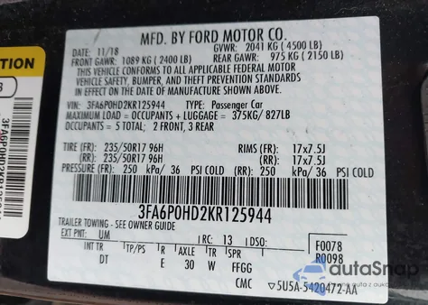 2019 Ford Fusion Se z USA, uszkodzony, nr VIN 3FA6P0HD2KR125944